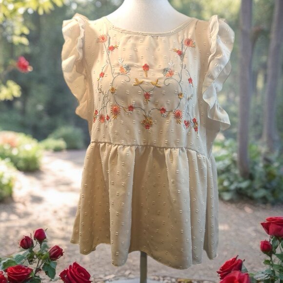 SHEIN Tops - Creme babydoll embroidered ruffled embellished top
